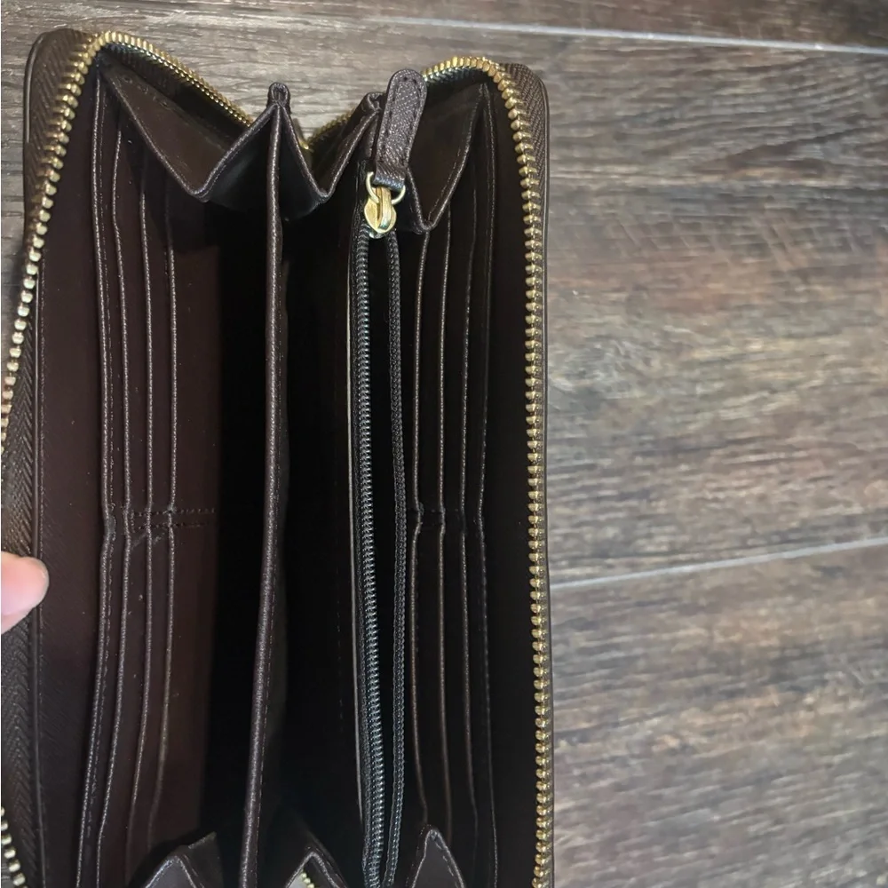 COACH Dark Brown Leather Zip-Around Wallet with Gold Logo